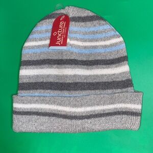 Women's Striped Beanie Hat Juncture Gray White Blue Knit Winter Warm‎